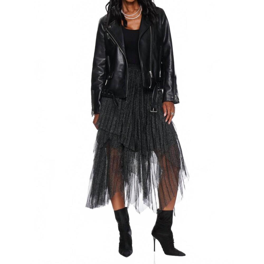NEW MIOU MUSE metallic mesh pleated skirt in black - Picture 3 of 4